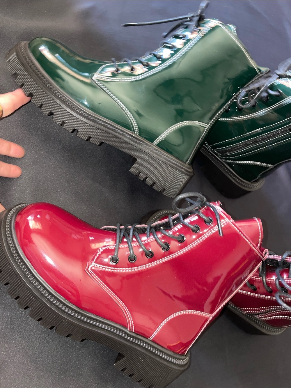 Glossy Leather Combat Boots - Green & Red woman Size 39
